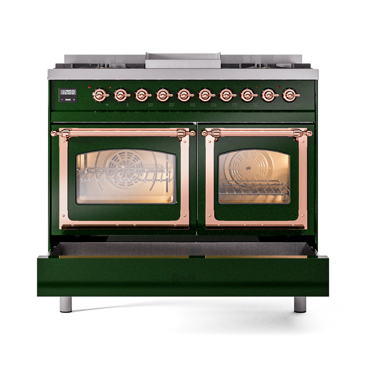 ILVE 40-Inch Nostalgie II Noblesse Propane Gas Dual Fuel Range with Triple Glass Door Oven in Emerald Green with Copper Trim (UND40FNMPEGPLP)