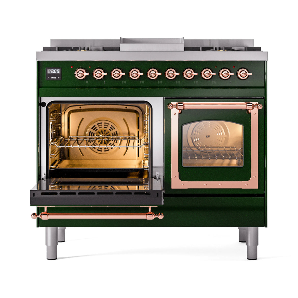 ILVE 40-Inch Nostalgie II Noblesse Propane Gas Dual Fuel Range with Triple Glass Door Oven in Emerald Green with Copper Trim (UND40FNMPEGPLP)
