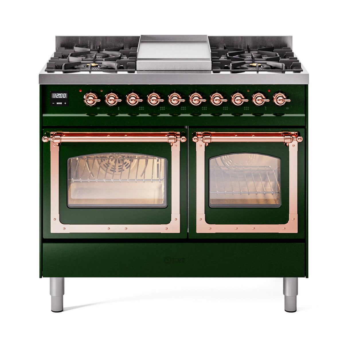 ILVE 40-Inch Nostalgie II Noblesse Propane Gas Dual Fuel Range with Triple Glass Door Oven in Emerald Green with Copper Trim (UND40FNMPEGPLP)