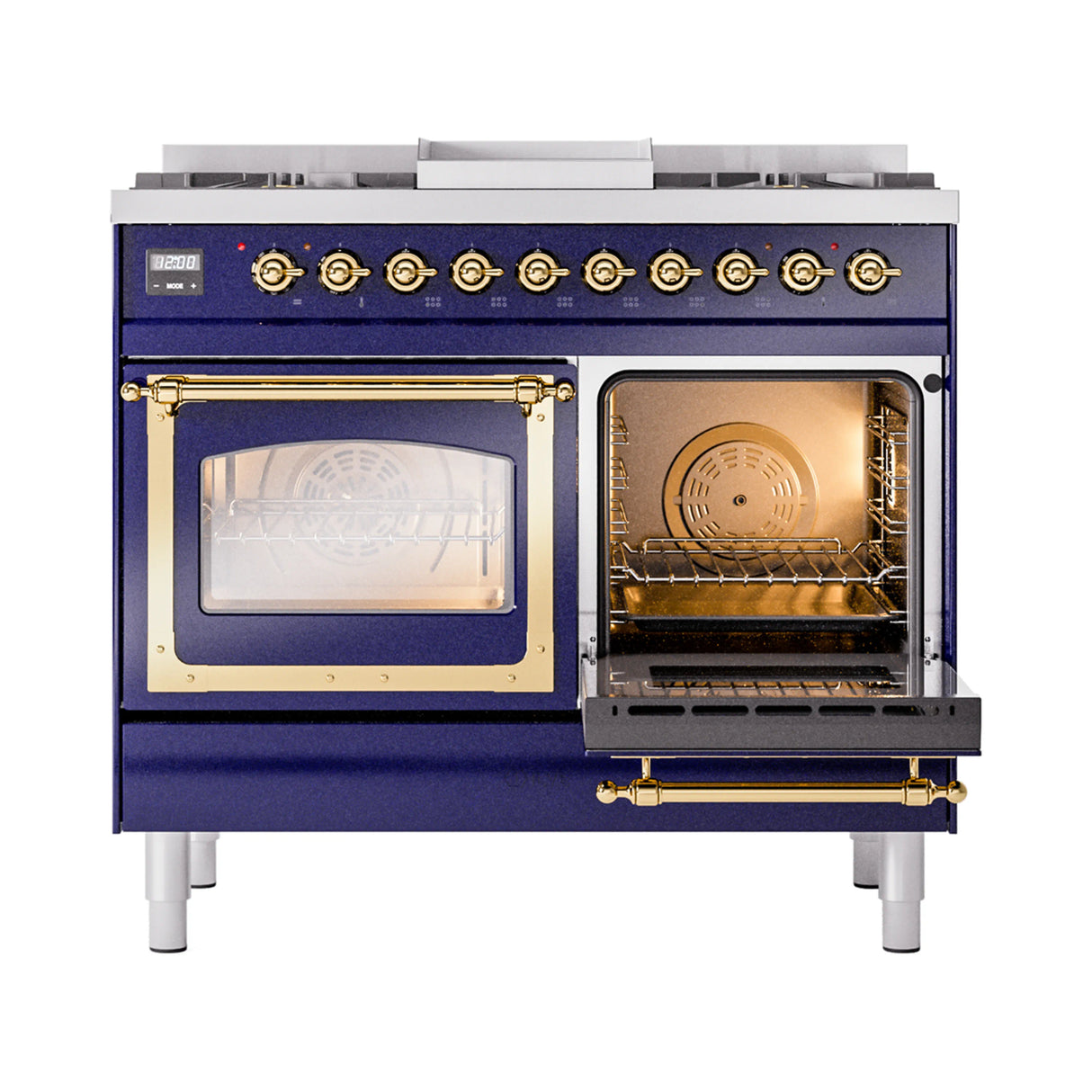 ILVE 40-Inch Nostalgie II Noblesse Propane Gas Dual Fuel Range with Triple Glass Door Oven in Midnight Blue with Brass Trim (UND40FNMPMBGLP)