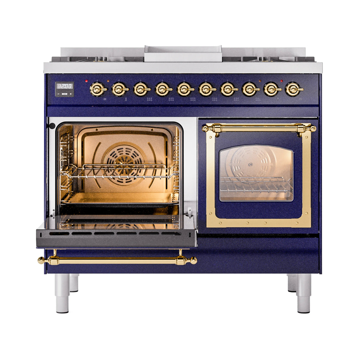 ILVE 40-Inch Nostalgie II Noblesse Propane Gas Dual Fuel Range with Triple Glass Door Oven in Midnight Blue with Brass Trim (UND40FNMPMBGLP)