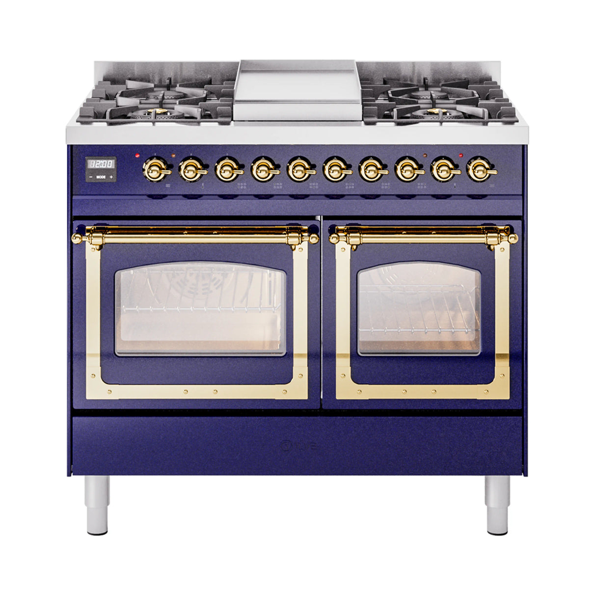 ILVE 40-Inch Nostalgie II Noblesse Propane Gas Dual Fuel Range with Triple Glass Door Oven in Midnight Blue with Brass Trim (UND40FNMPMBGLP)