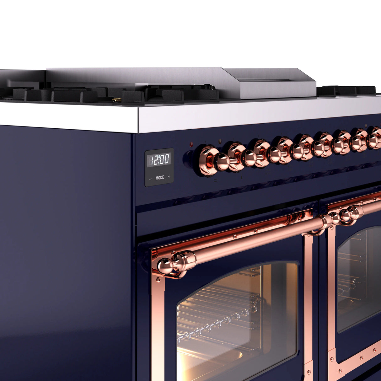 ILVE 40-Inch Nostalgie II Noblesse Natural Gas Dual Fuel Range with Triple Glass Door Oven in Midnight Blue with Copper Trim (UND40FNMPMBP)