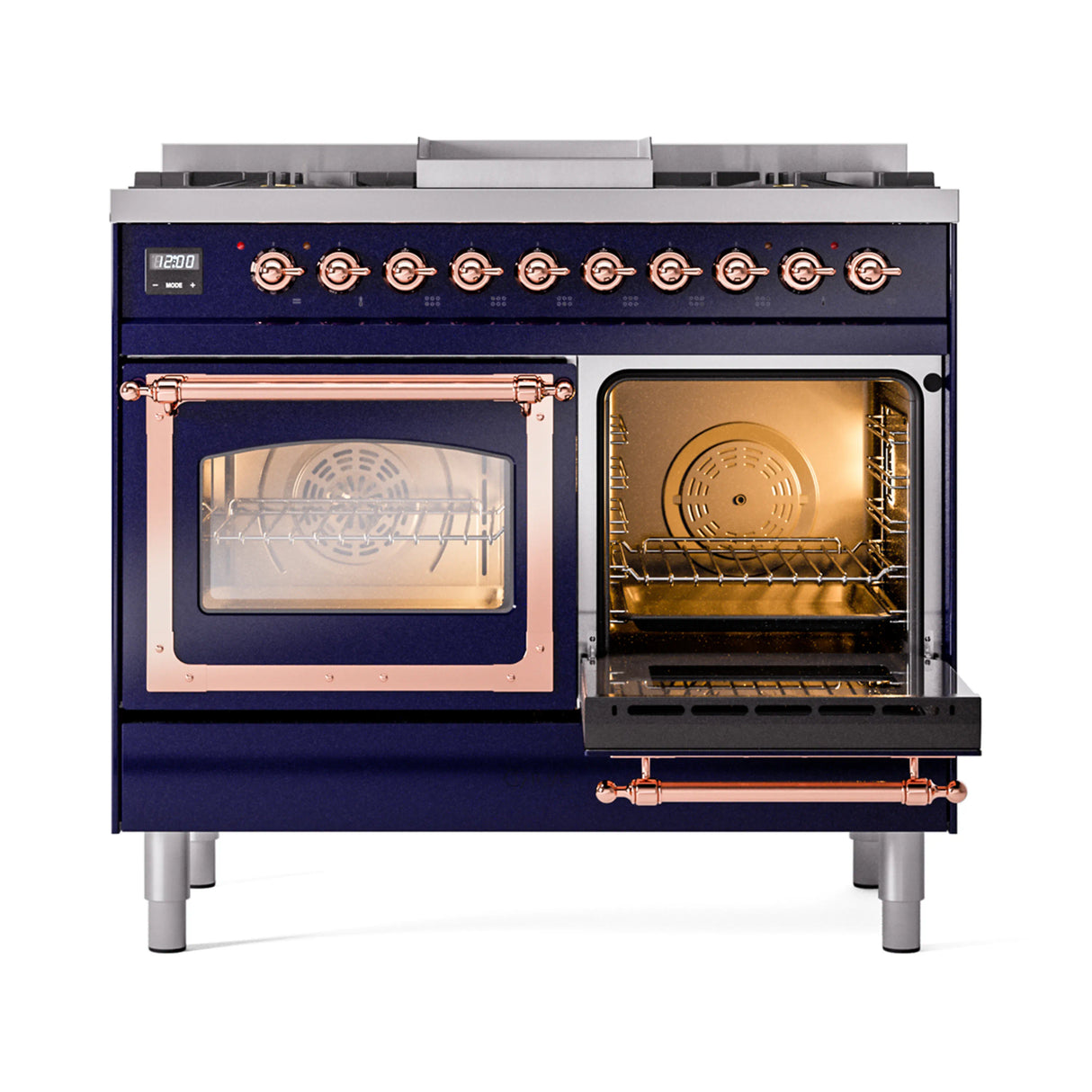 ILVE 40-Inch Nostalgie II Noblesse Natural Gas Dual Fuel Range with Triple Glass Door Oven in Midnight Blue with Copper Trim (UND40FNMPMBP)
