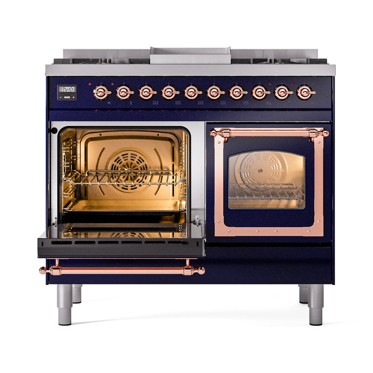 ILVE 40-Inch Nostalgie II Noblesse Natural Gas Dual Fuel Range with Triple Glass Door Oven in Midnight Blue with Copper Trim (UND40FNMPMBP)