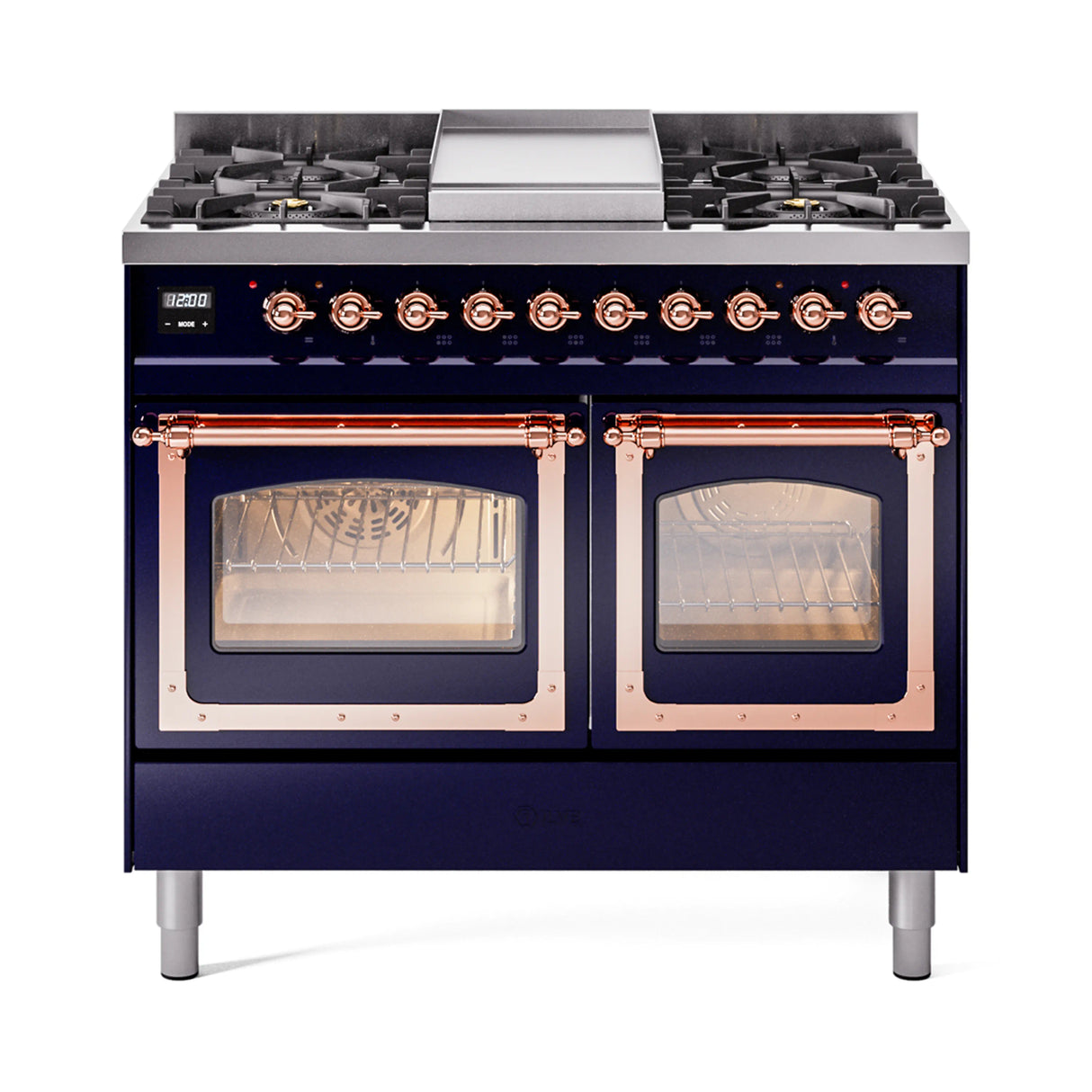 ILVE 40-Inch Nostalgie II Noblesse Natural Gas Dual Fuel Range with Triple Glass Door Oven in Midnight Blue with Copper Trim (UND40FNMPMBP)