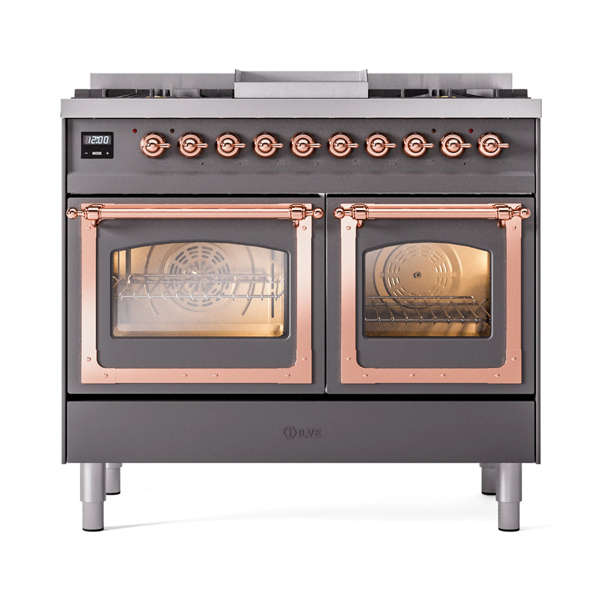 ILVE 40-Inch Nostalgie II Noblesse Natural Gas Dual Fuel Range with Triple Glass Door Oven in Matte Graphite with Copper Trim (UND40FNMPMGP)