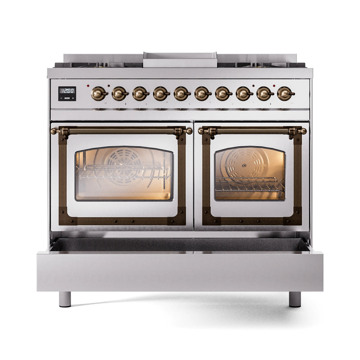 ILVE 40-Inch Nostalgie II Noblesse Propane Gas Dual Fuel Range with Triple Glass Door Oven in Stainless Steel with Bronze Trim (UND40FNMPSSBLP)