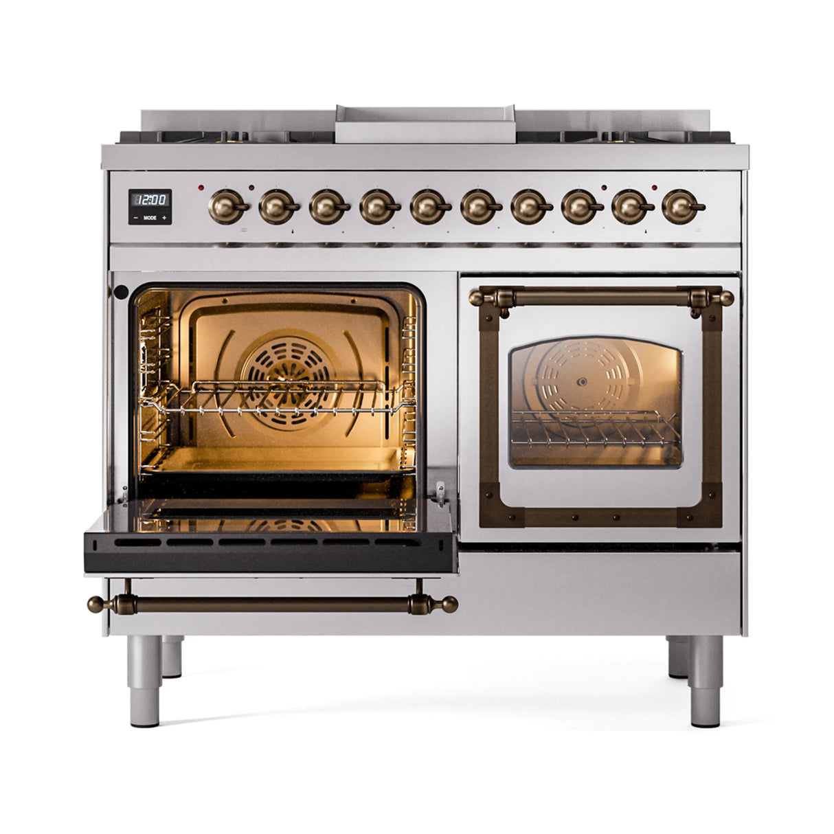 ILVE 40-Inch Nostalgie II Noblesse Propane Gas Dual Fuel Range with Triple Glass Door Oven in Stainless Steel with Bronze Trim (UND40FNMPSSBLP)