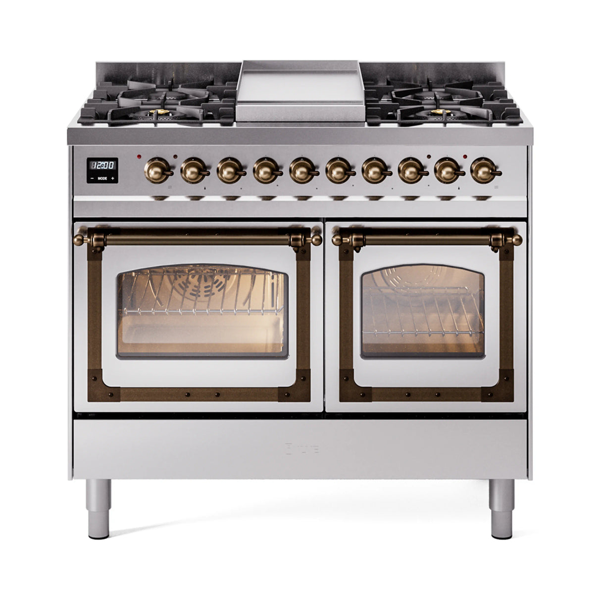 ILVE 40-Inch Nostalgie II Noblesse Propane Gas Dual Fuel Range with Triple Glass Door Oven in Stainless Steel with Bronze Trim (UND40FNMPSSBLP)