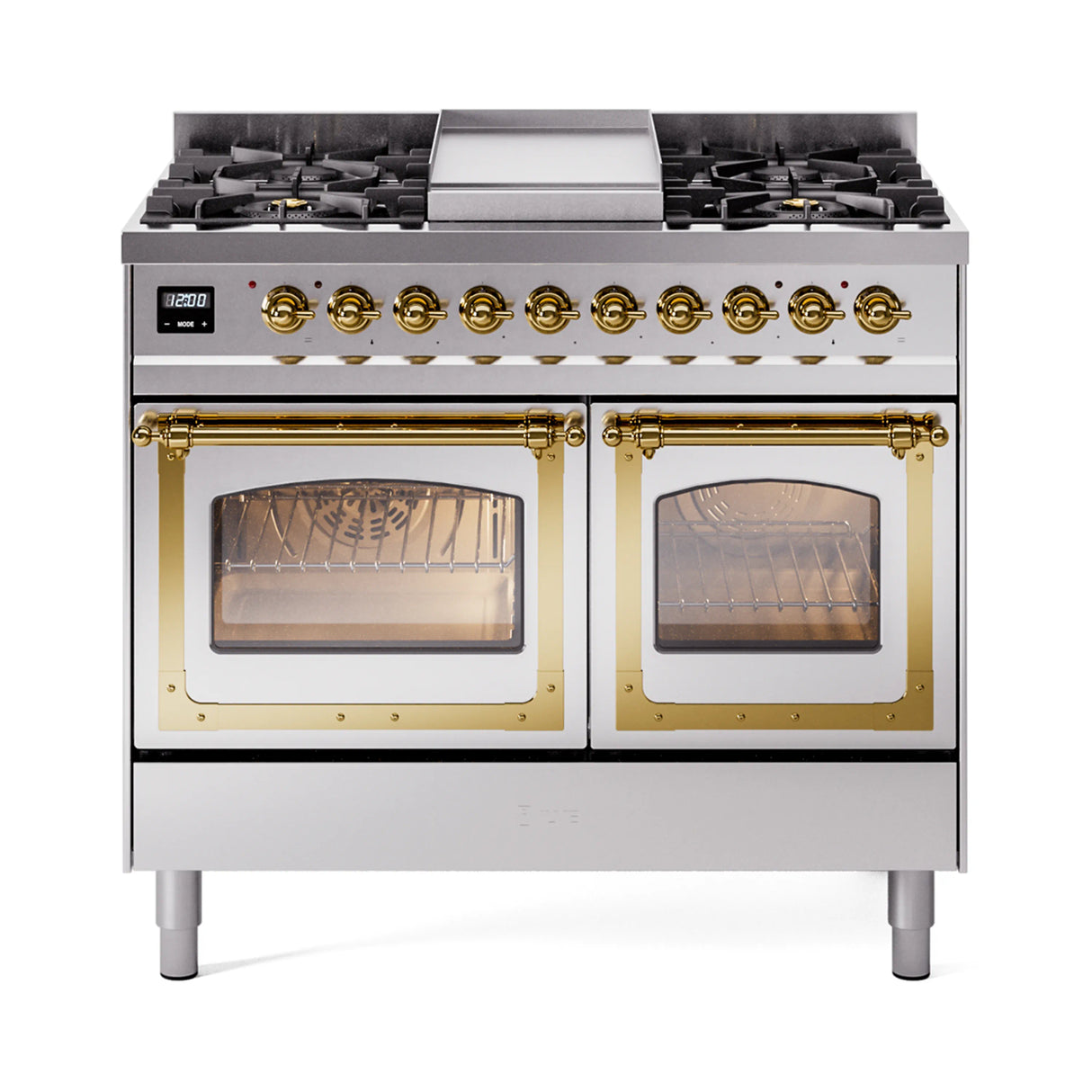 ILVE 40-Inch Nostalgie II Noblesse Propane Gas Dual Fuel Range with Triple Glass Door Oven in Stainless Steel with Brass Trim (UND40FNMPSSGLP)