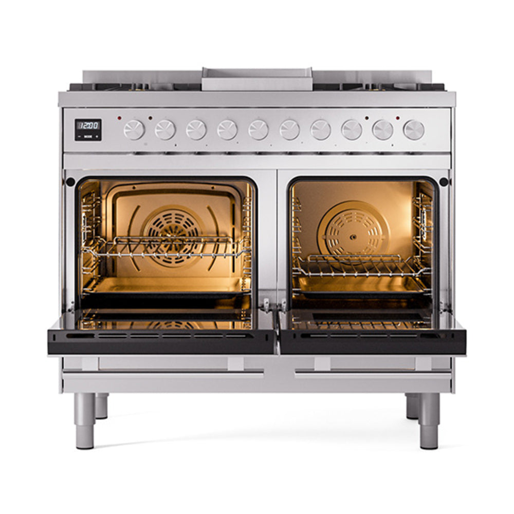 ILVE 40-inch Professional Plus II Natural Gas Dual Fuel Range with Solid Door Oven in Stainless Steel (UPD40FQMPSS)