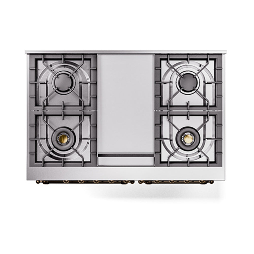 ILVE 40-Inch Nostalgie II Natural Gas Dual Fuel Range with 6 Burners, Griddle and Solid Door Oven in Antique White with Bronze Trim (UPD40FQNMPAWB)