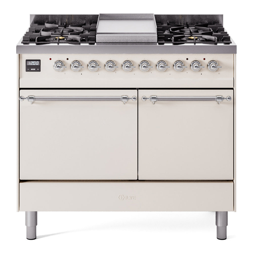 ILVE 40-Inch Nostalgie II Natural Gas Dual Fuel Range with 6 Burners, Griddle and Solid Door Oven in Antique White with Chrome Trim (UPD40FQNMPAWC)