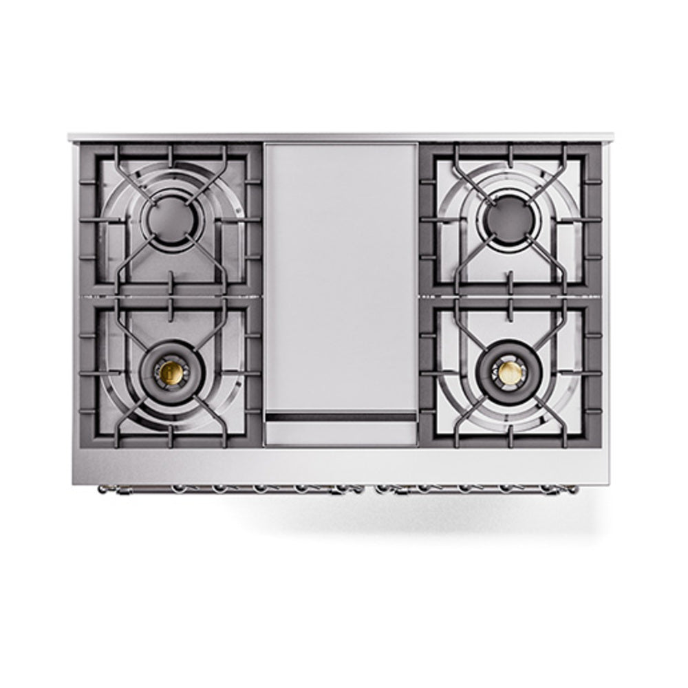 ILVE 40-Inch Nostalgie II Natural Gas Dual Fuel Range with 6 Burners, Griddle and Solid Door Oven in Antique White with Chrome Trim (UPD40FQNMPAWC)