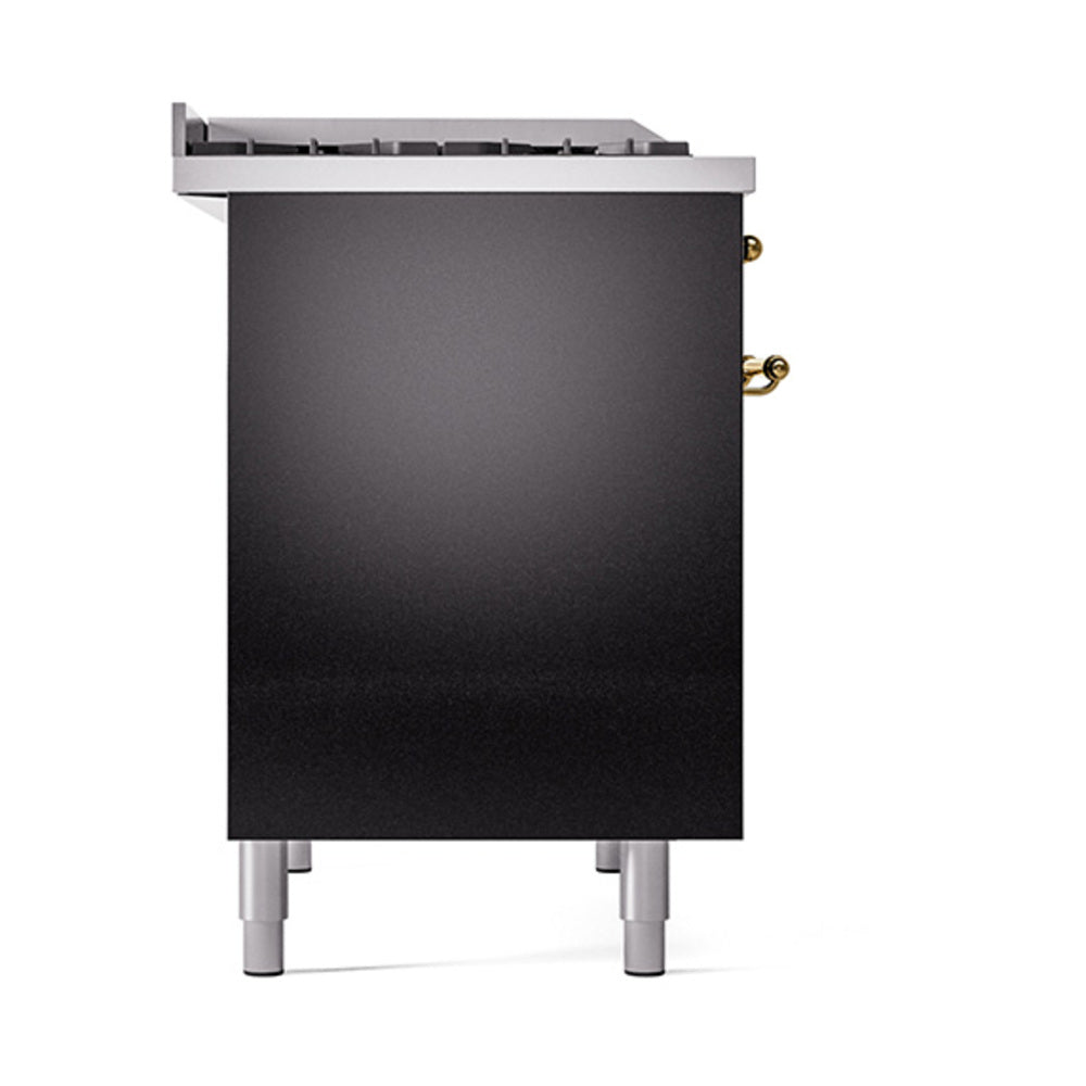 ILVE 40-Inch Nostalgie II Natural Gas Dual Fuel Range with 6 Burners, Griddle and Solid Door Oven in Glossy Black with Brass Trim (UPD40FQNMPBKG)