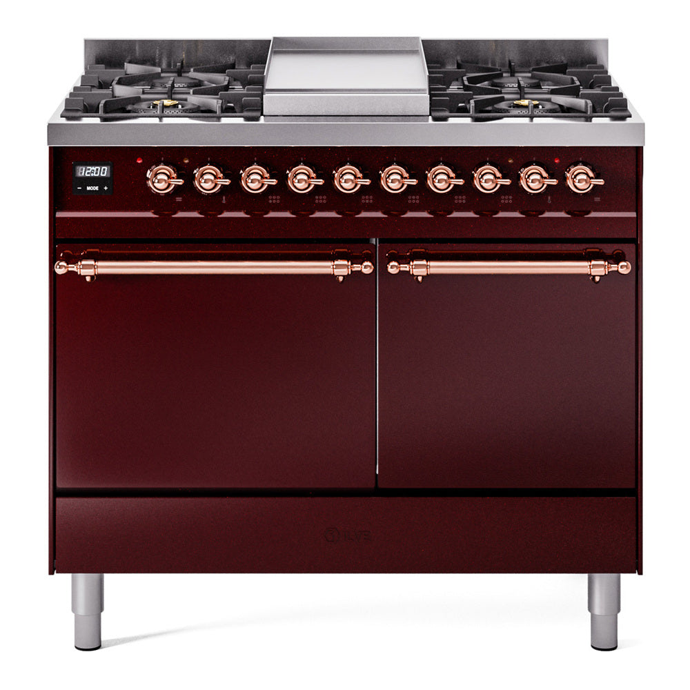 ILVE 40-Inch Nostalgie II Natural Gas Dual Fuel Range with 6 Burners, Griddle and Solid Door Oven in Burgundy with Copper Trim (UPD40FQNMPBUP)