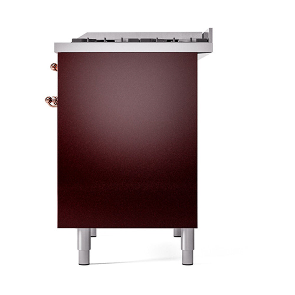 ILVE 40-Inch Nostalgie II Natural Gas Dual Fuel Range with 6 Burners, Griddle and Solid Door Oven in Burgundy with Copper Trim (UPD40FQNMPBUP)