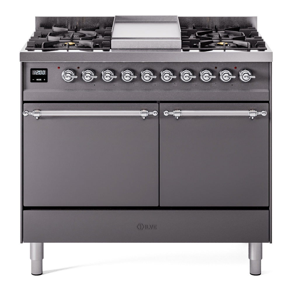 ILVE 40-Inch Nostalgie II Propane Gas Dual Fuel Range with 6 Burners, Griddle and Solid Door Oven in Matte Graphite in Chrome Trim (UPD40FQNMPMGCLP)