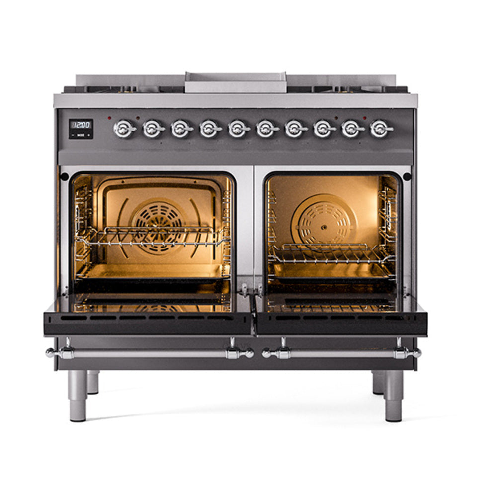 ILVE 40-Inch Nostalgie II Propane Gas Dual Fuel Range with 6 Burners, Griddle and Solid Door Oven in Matte Graphite in Chrome Trim (UPD40FQNMPMGCLP)