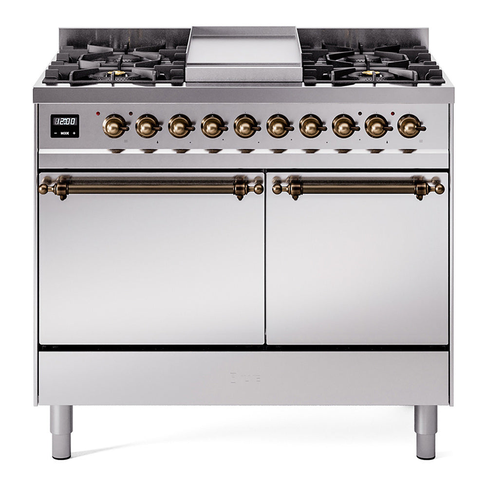 ILVE 40-Inch Nostalgie II Propane Gas Dual Fuel Range with 6 Burners, Griddle and Solid Door Oven in Stainless Steel with Bronze Trim(UPD40FQNMPSSBLP)