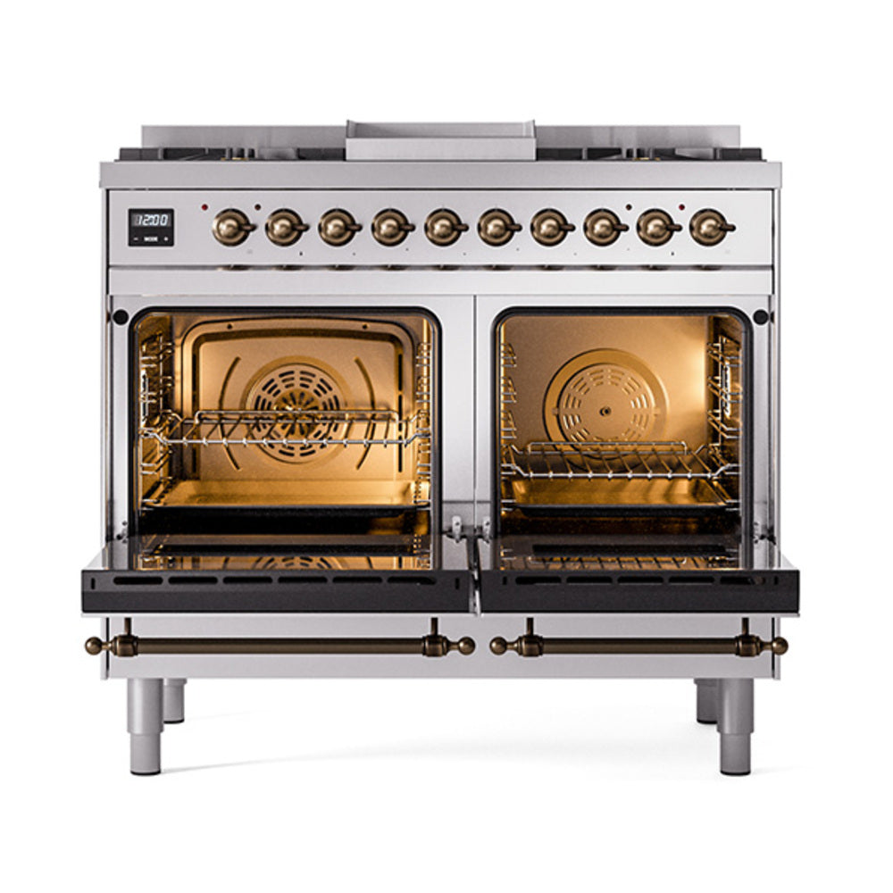 ILVE 40-Inch Nostalgie II Propane Gas Dual Fuel Range with 6 Burners, Griddle and Solid Door Oven in Stainless Steel with Bronze Trim(UPD40FQNMPSSBLP)