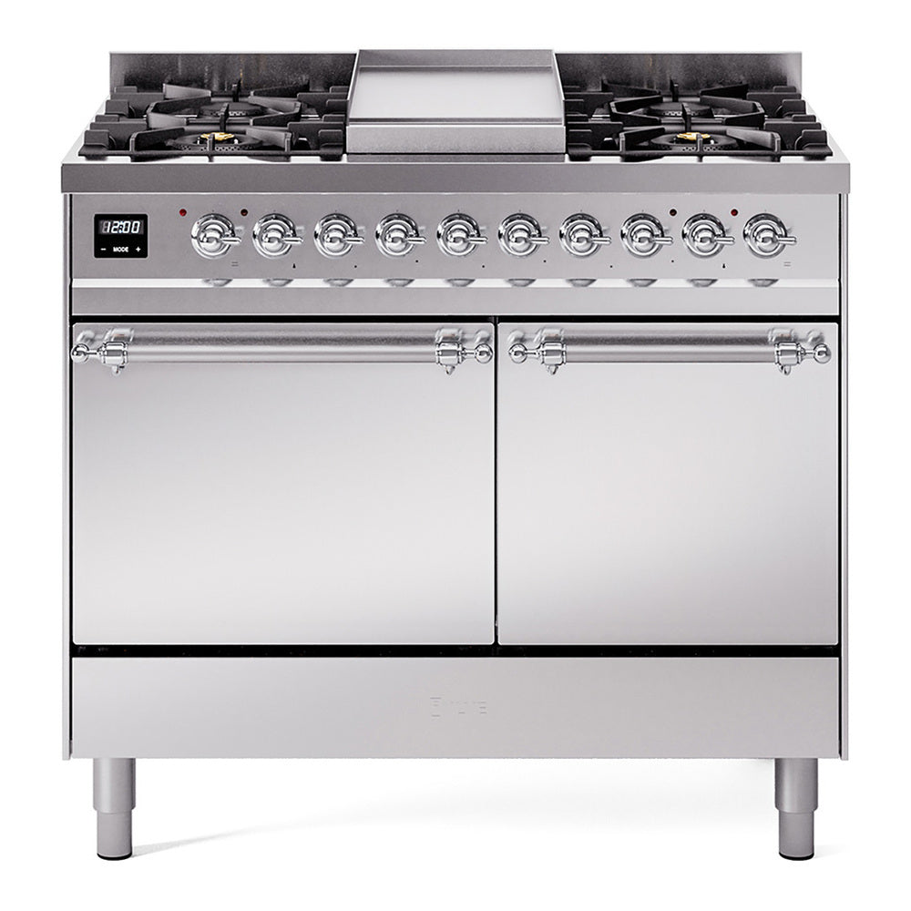 ILVE 40-Inch Nostalgie II Propane Gas Dual Fuel Range with 6 Burners, Griddle and Solid Door Oven in Stainless Steel with Chrome Trim (UPD40FQNMPSSCLP)