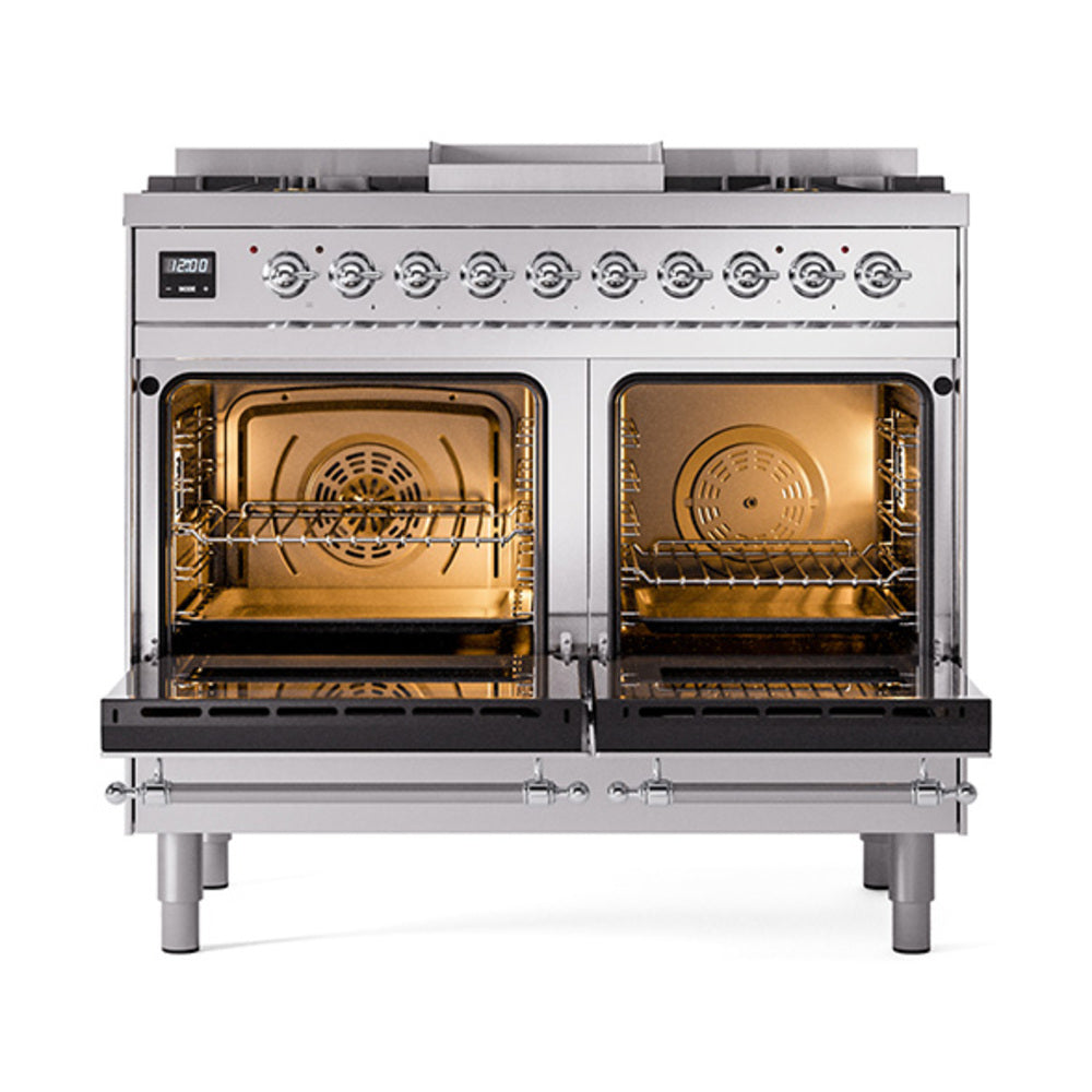 ILVE 40-Inch Nostalgie II Propane Gas Dual Fuel Range with 6 Burners, Griddle and Solid Door Oven in Stainless Steel with Chrome Trim (UPD40FQNMPSSCLP)