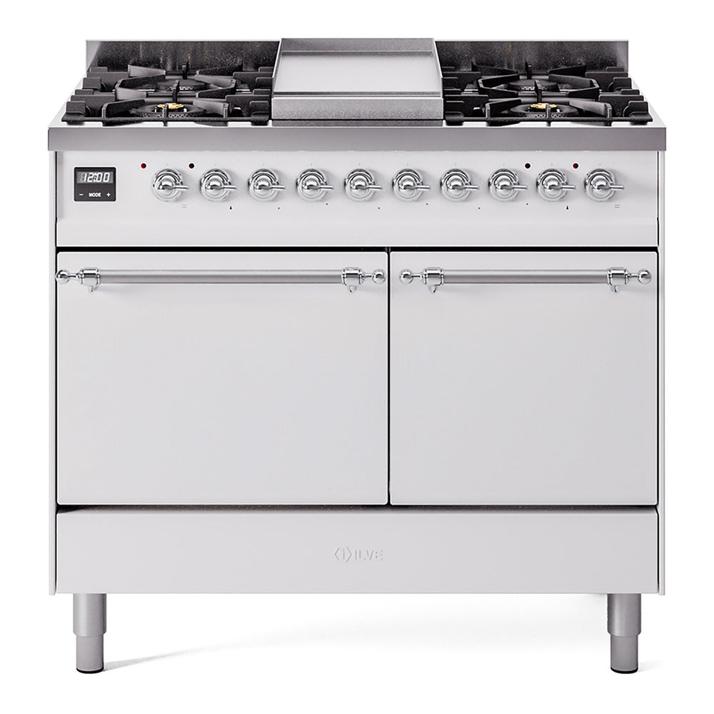 ILVE 40-Inch Nostalgie II Propane Gas Dual Fuel Range with 6 Burners, Griddle and Solid Door Oven in White with Chrome Trim (UPD40FQNMPWHCLP)