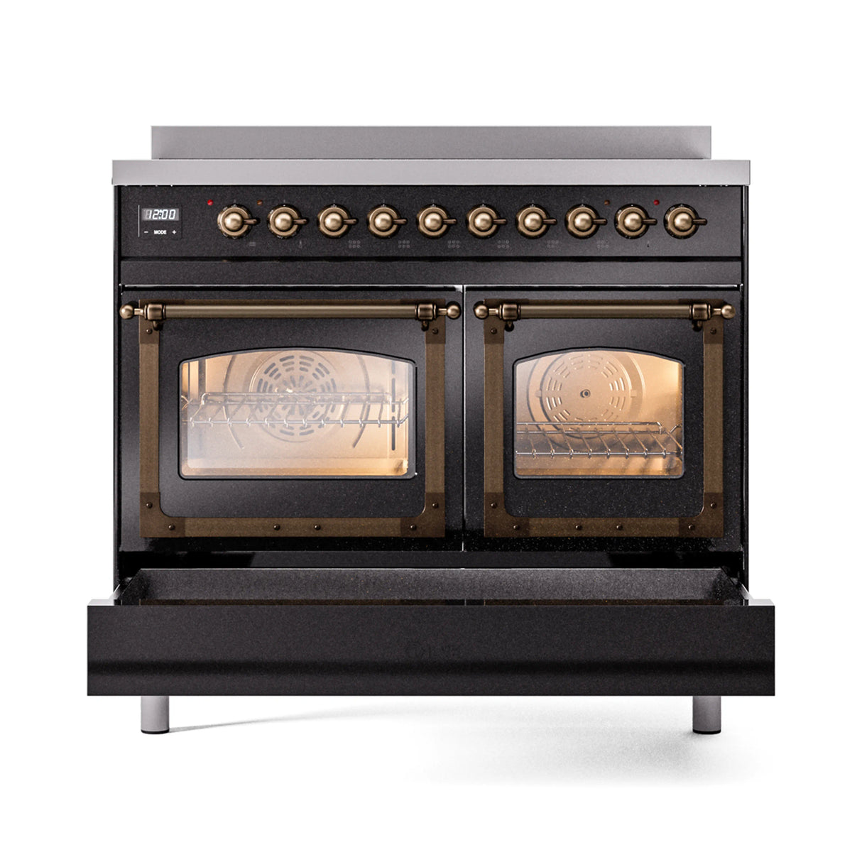 ILVE 40-Inch Nostalgie II Noblesse Induction Range with Triple Glass Door in Glossy Black with Bronze Trim (UNDI406NMPBKB)