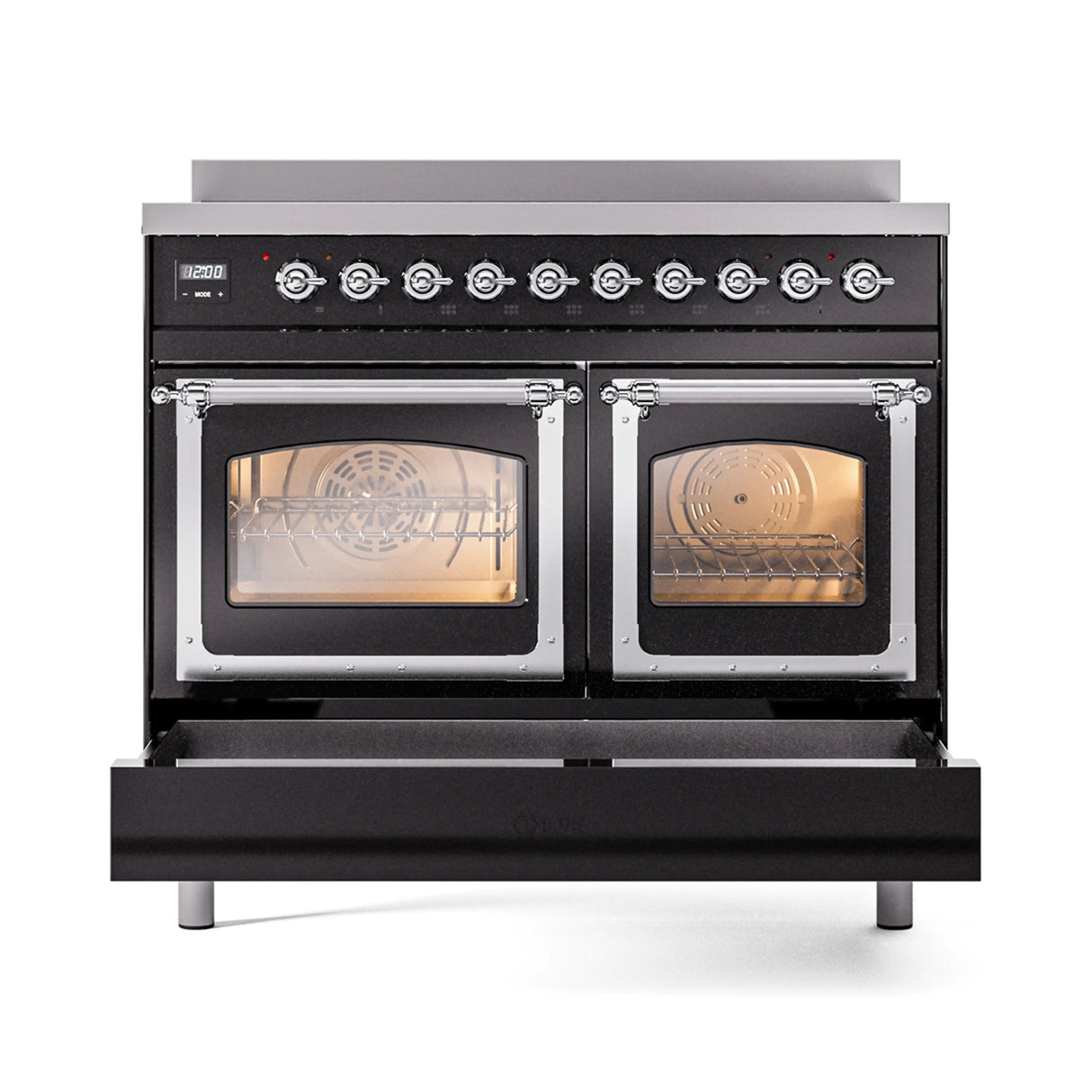 ILVE 40-Inch Nostalgie II Noblesse Induction Range with Triple Glass Door in Glossy Black with Chrome Trim (UNDI406NMPBKC)