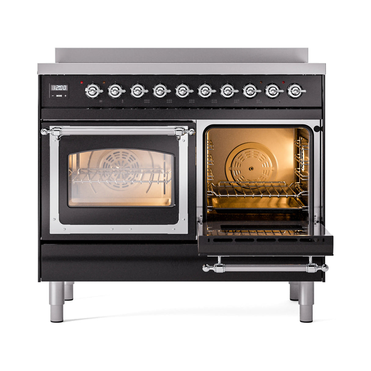 ILVE 40-Inch Nostalgie II Noblesse Induction Range with Triple Glass Door in Glossy Black with Chrome Trim (UNDI406NMPBKC)