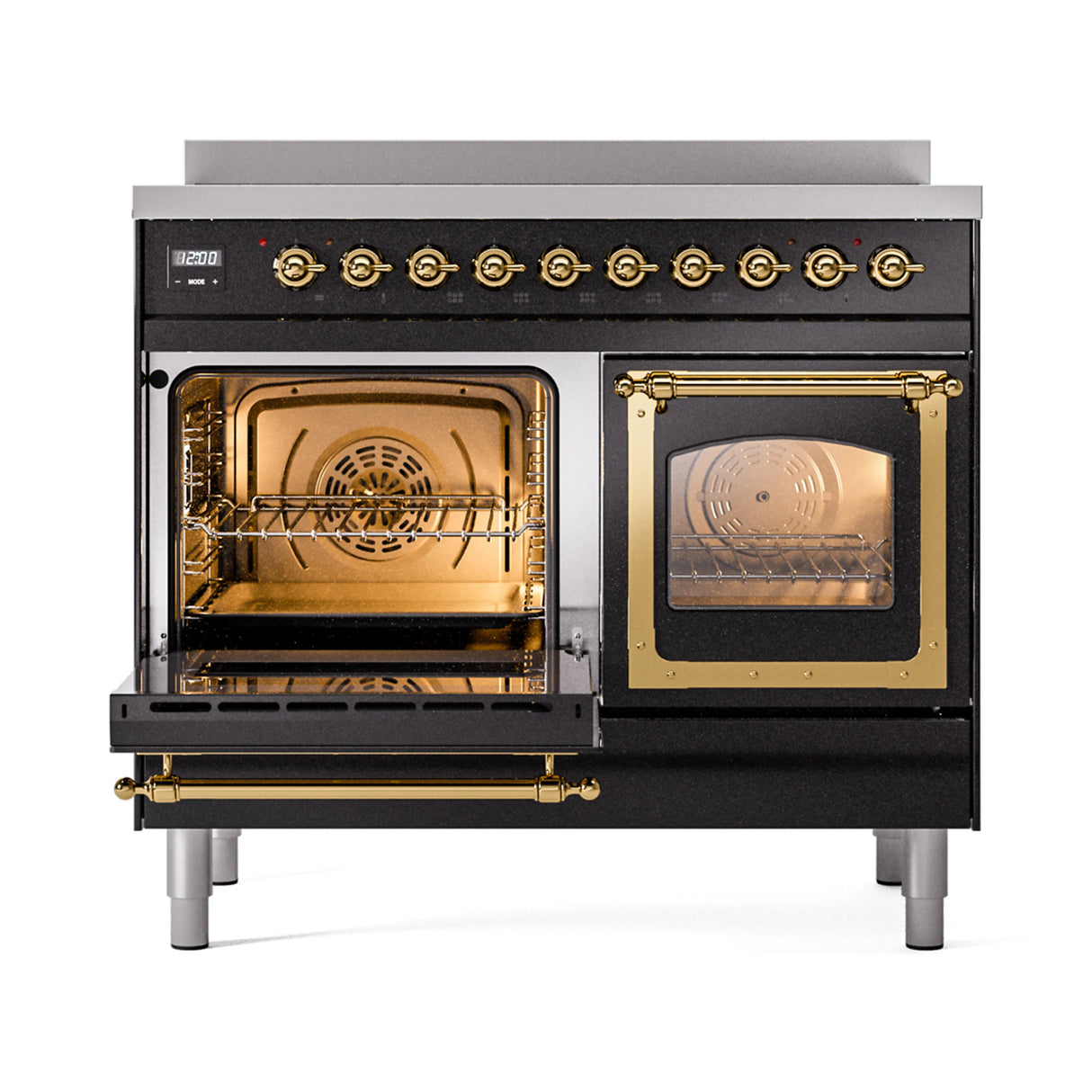 ILVE 40-Inch Nostalgie II Noblesse Induction Range with Triple Glass Door in Glossy Black with Brass Trim (UNDI406NMPBKG)