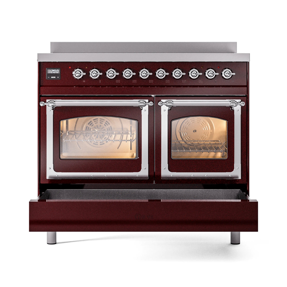 ILVE 40-Inch Nostalgie II Noblesse Induction Range with Triple Glass Door in Burgundy with Chrome Trim (UNDI406NMPBUC)