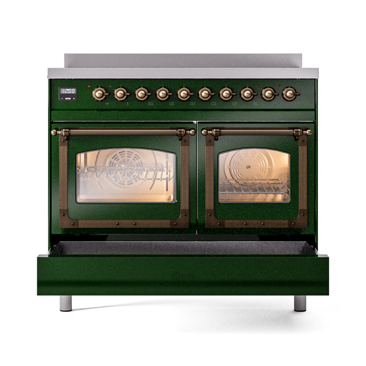 ILVE 40-Inch Nostalgie II Noblesse Induction Range with Triple Glass Door in Emerald Green with Bronze Trim (UNDI406NMPEGB)