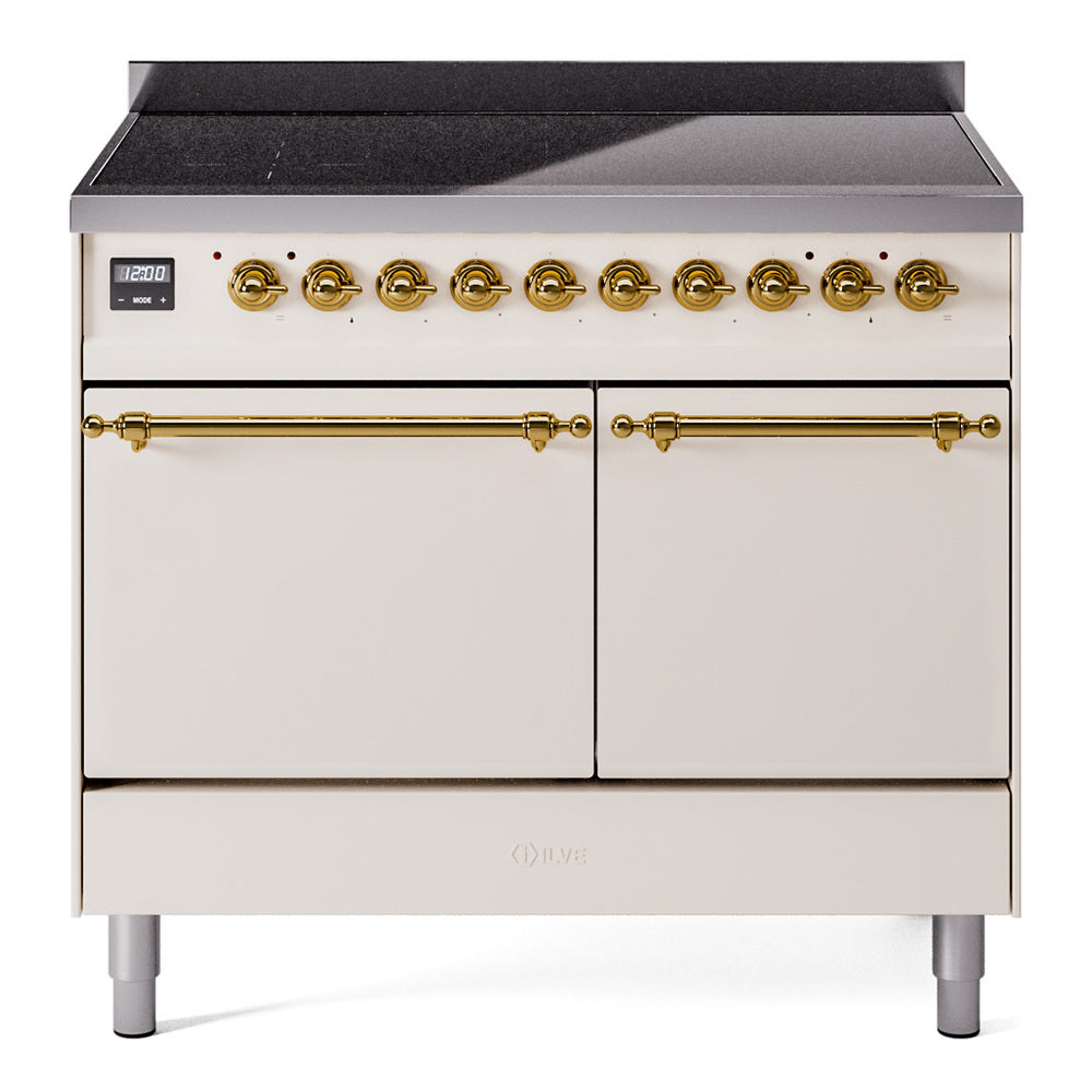 ILVE 40-Inch Nostalgie II Induction Range with Solid Door Oven in Antique White with Brass Trim (UPDI406QNMPAWG)