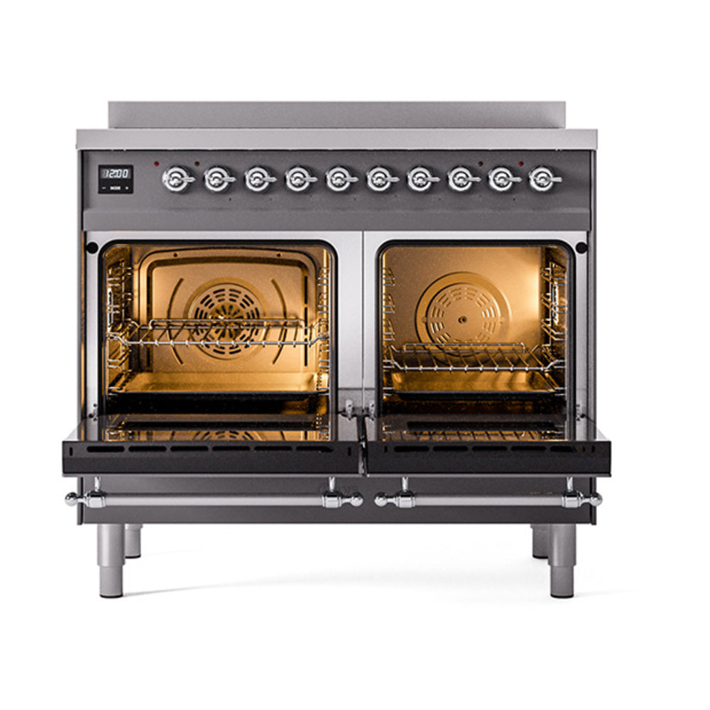 ILVE 40-Inch Nostalgie II Induction Range with Solid Door Oven in Matte Graphite with Chrome Trim (UPDI406QNMPMGC)