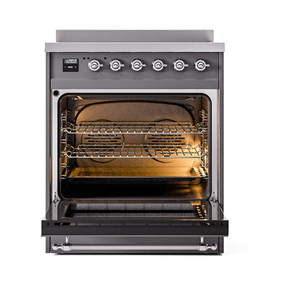 ILVE 30-Inch Nostalgie II Induction Range with Solid Door Oven in Matte Graphite with Chrome Trim (UPI304QNMPMGC)