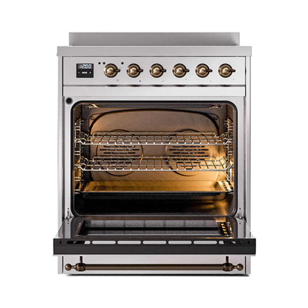 ILVE 30-Inch Nostalgie II Induction Range with Solid Door Oven in Stainless Steel with Bronze Trim (UPI304QNMPSSB)