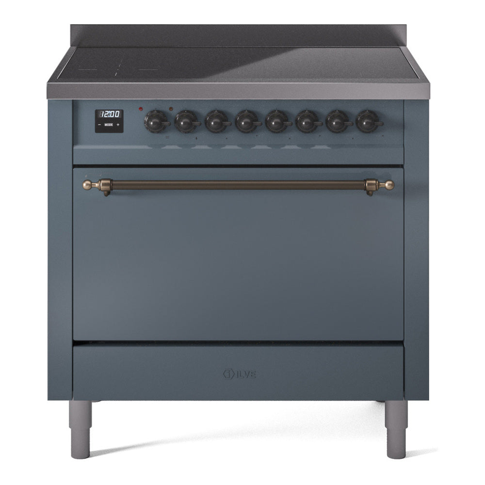 ILVE 36-Inch Nostalgie II Induction Range with Solid Door Oven in Blue Grey with Bronze Trim (UPI366QNMPBGB)