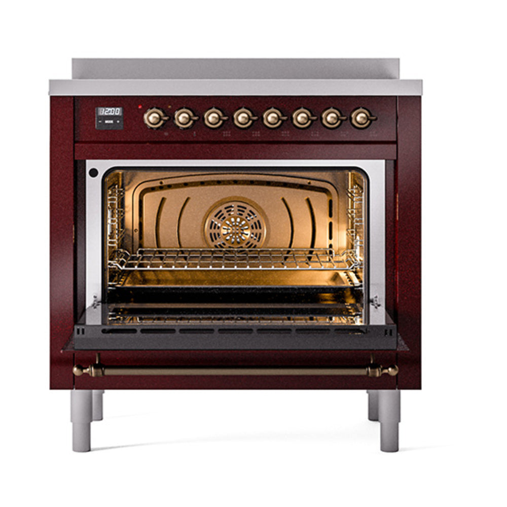 ILVE 36-Inch Nostalgie II Induction Range with Solid Door Oven in Burgundy with Bronze Trim (UPI366QNMPBUB)