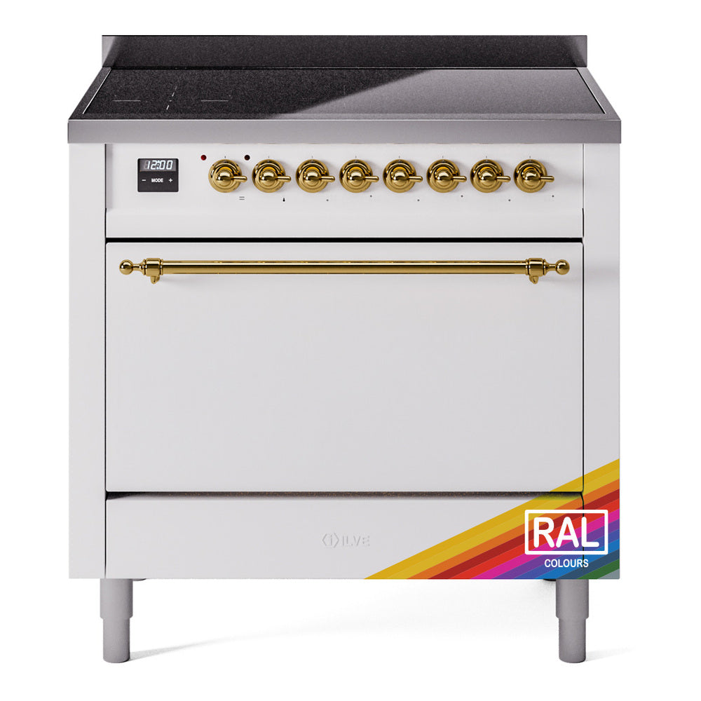 ILVE 36-Inch Nostalgie II Induction Range with Solid Door Oven in RAL with Brass Trim (UPI366QNMPRAG)