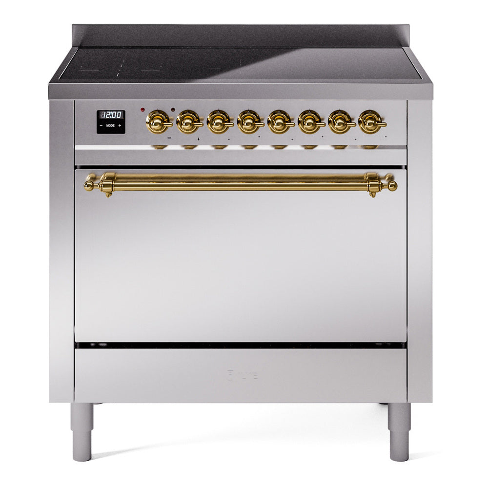 ILVE 36-Inch Nostalgie II Induction Range with Solid Door Oven in Stainless Steel with Brass Trim (UPI366QNMPSSG)