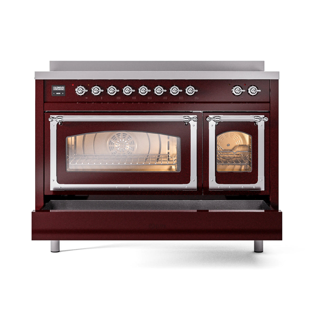 ILVE Nostalgie II Noblesse 48-Inch Induction Range with Triple Glass Door in Burgundy with Chrome Trim (UNI486NMPBUC)