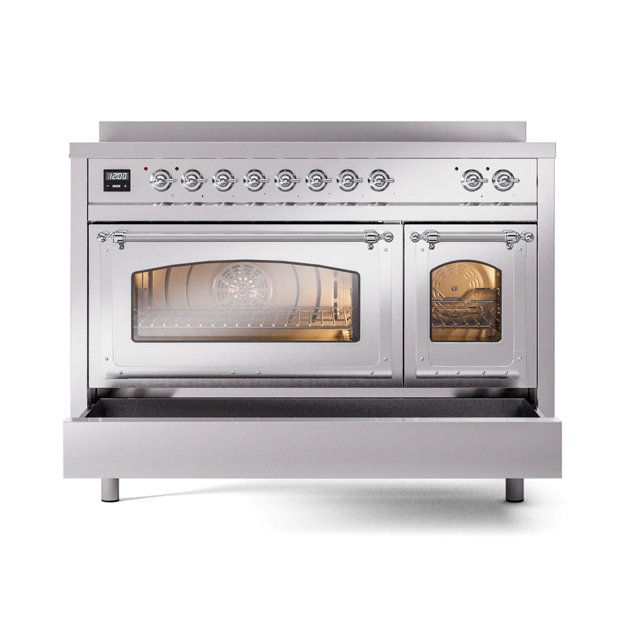 ILVE Nostalgie II Noblesse 48-Inch Induction Range with Triple Glass Door in Stainless Steel with Chrome Trim (UNI486NMPSSC)