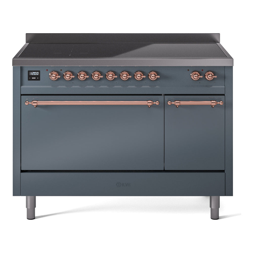 ILVE 48-Inch Nostalgie II Induction Range with Solid Door Oven in Blue Grey with Copper Trim (UPI486QNMPBGP)