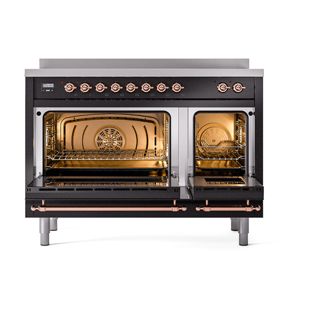 ILVE 48-Inch Nostalgie II Induction Range with Solid Door Oven in Glossy Black with Copper Trim (UPI486QNMPBKP)