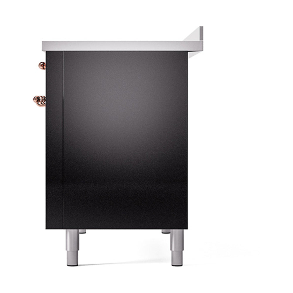 ILVE 48-Inch Nostalgie II Induction Range with Solid Door Oven in Glossy Black with Copper Trim (UPI486QNMPBKP)