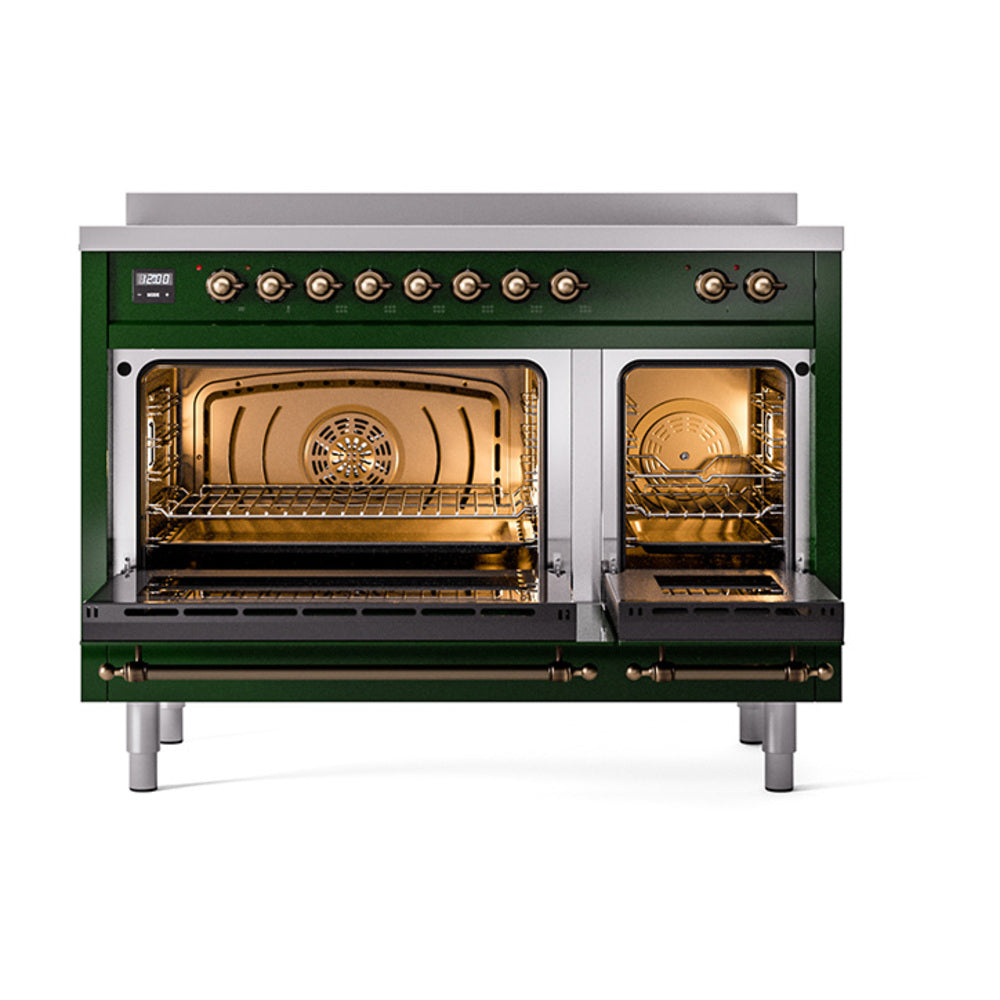 ILVE 48-Inch Nostalgie II Induction Range with Solid Door Oven in Emerald Green with Bronze Trim (UPI486QNMPEGB)