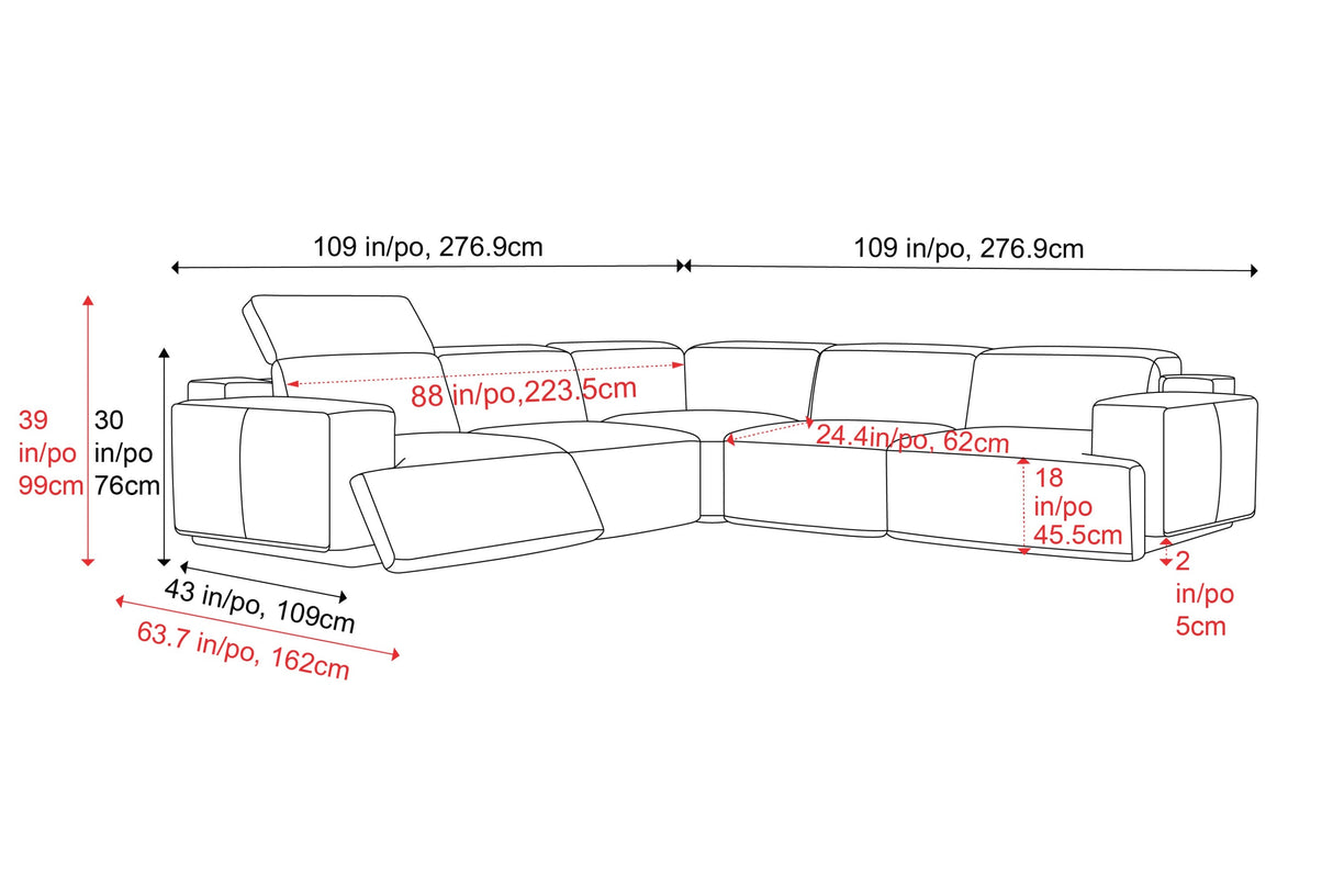 Valencia Valentina Leather Sectional L-Shape Recliner Sofa, Black